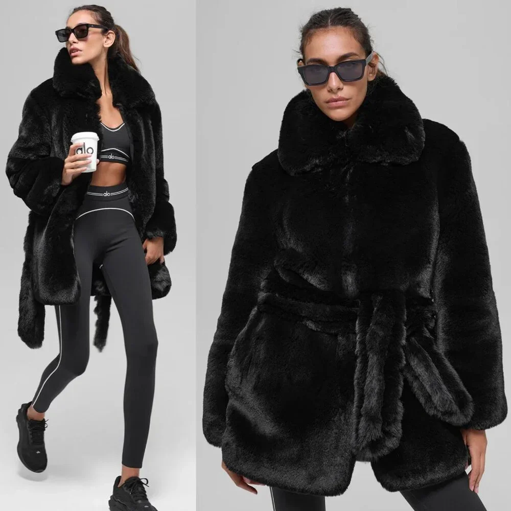 Alo‎ Yoga Starstruck Faux Fur Coat Black Belted Size S
